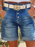 Womens High-Waist Denim Cropped Pants With Elastic Waist And Rolled Hem