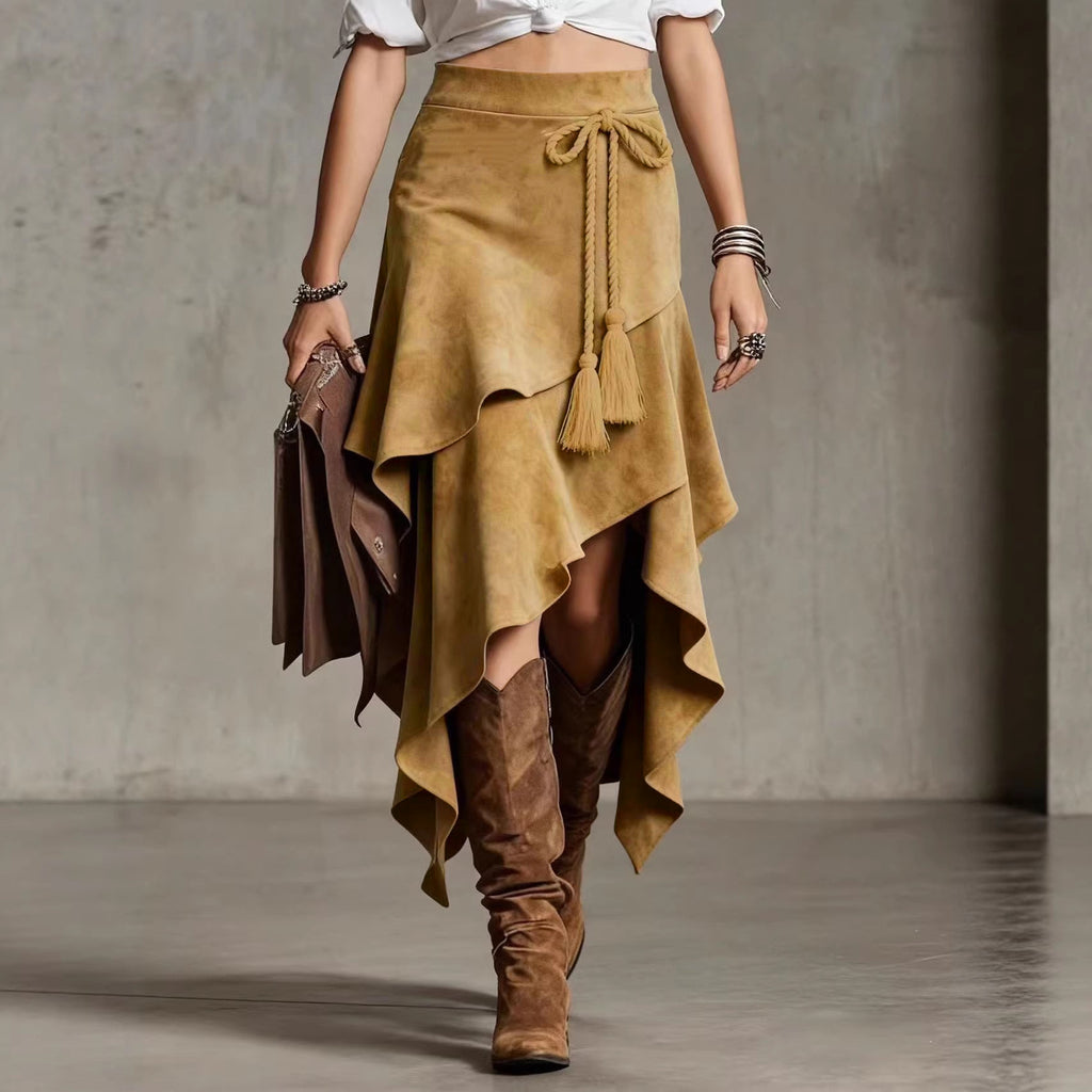 Retro Western-style Irregular Design Suede Skirt