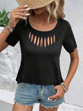 Solid-color Casual Chic Front-cutout Loose-fit Short-sleeve T-shirt