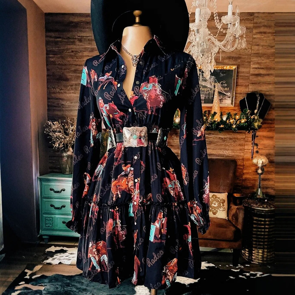 Women's Western Cowboy Printed Long-Sleeve Dress