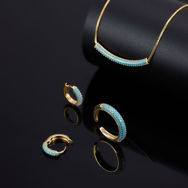 Light-luxury Geometric Turquoise Blue Jewelry Set Earrings Necklace And Ring