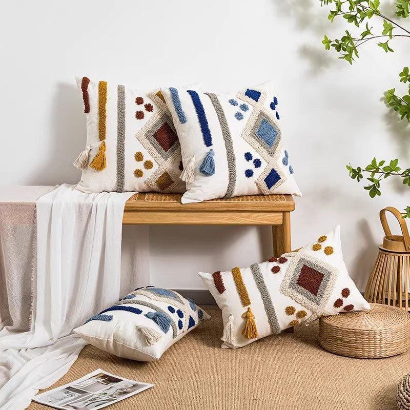 Bohemian-style Circular Velvet Embroidered Ethnic Tassel Throw Pillow Cover