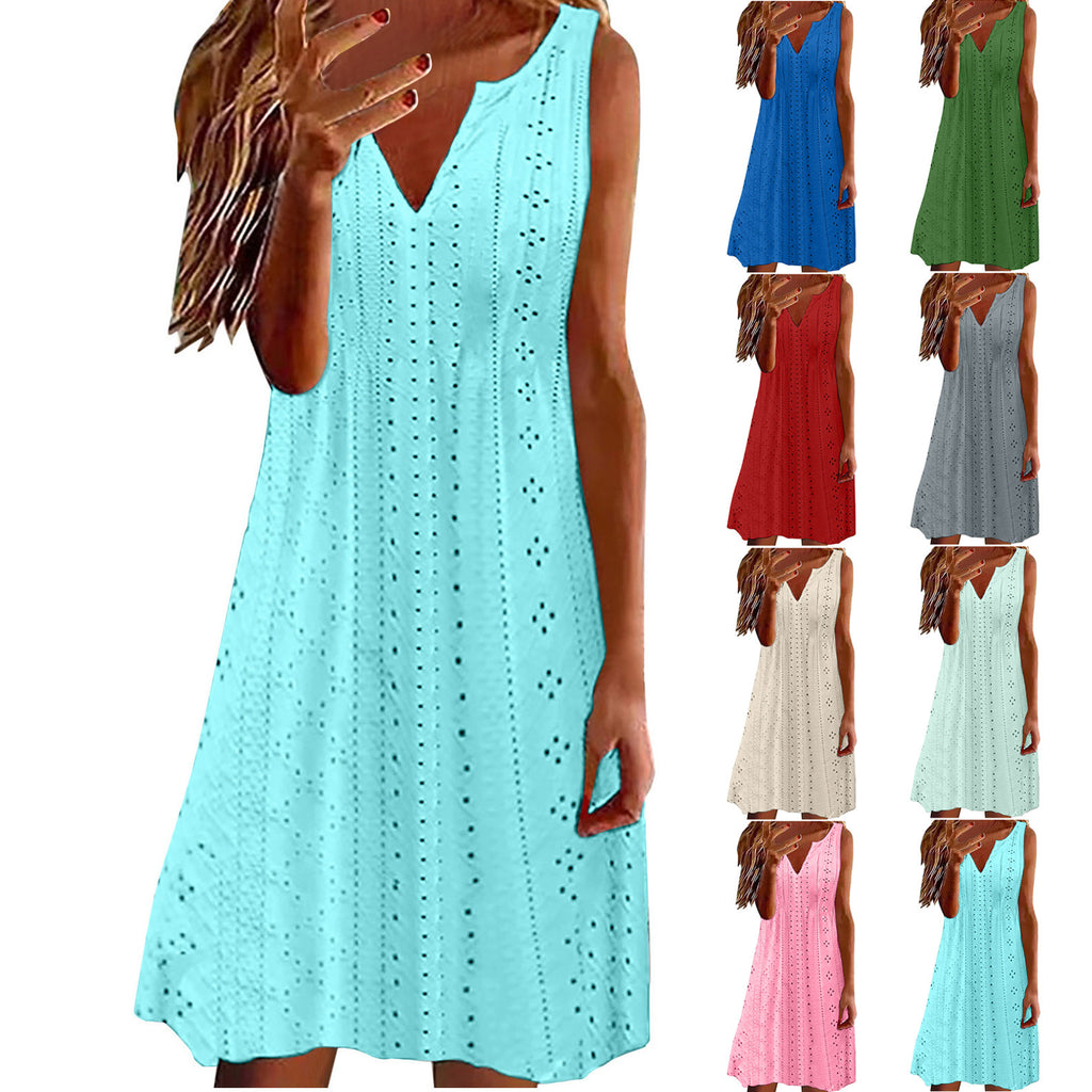 Womens Hollow-Out Jacquard V-Neck Loose Solid-Colored Dress