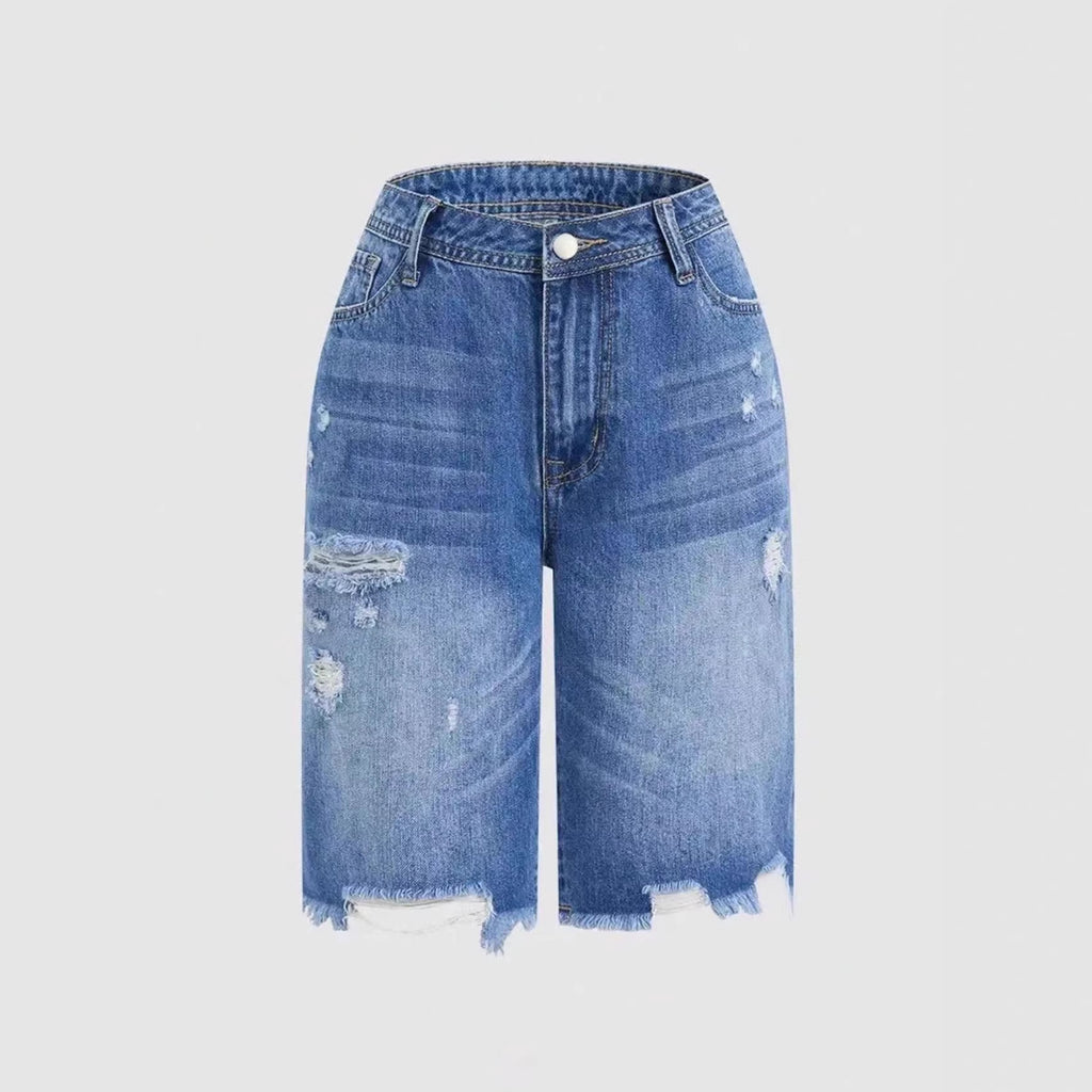 Casual Mid-Length Ripped Denim Shorts