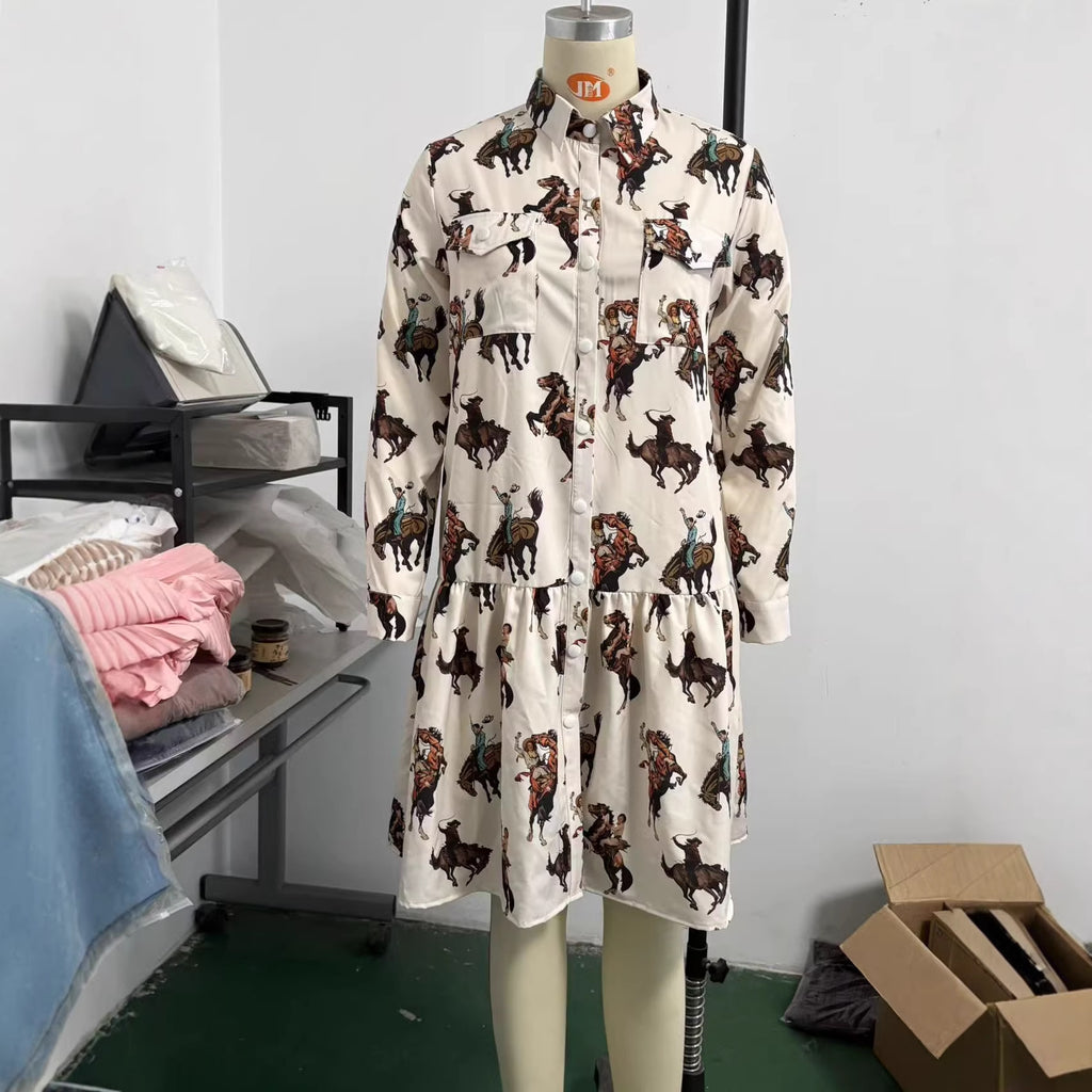 Women's Western Cowboy Printed Long-Sleeve Dress