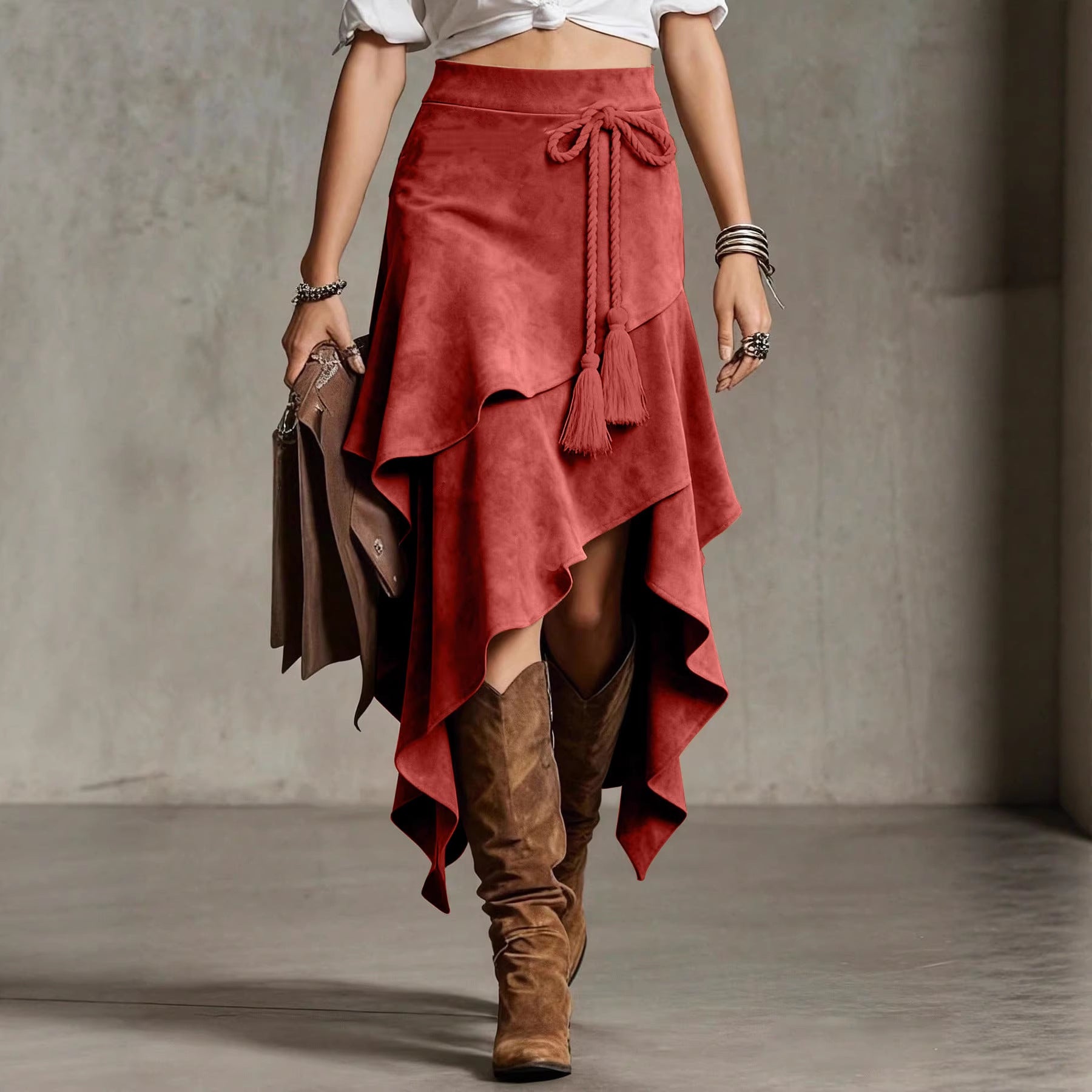 Retro Western-style Irregular Design Suede Skirt