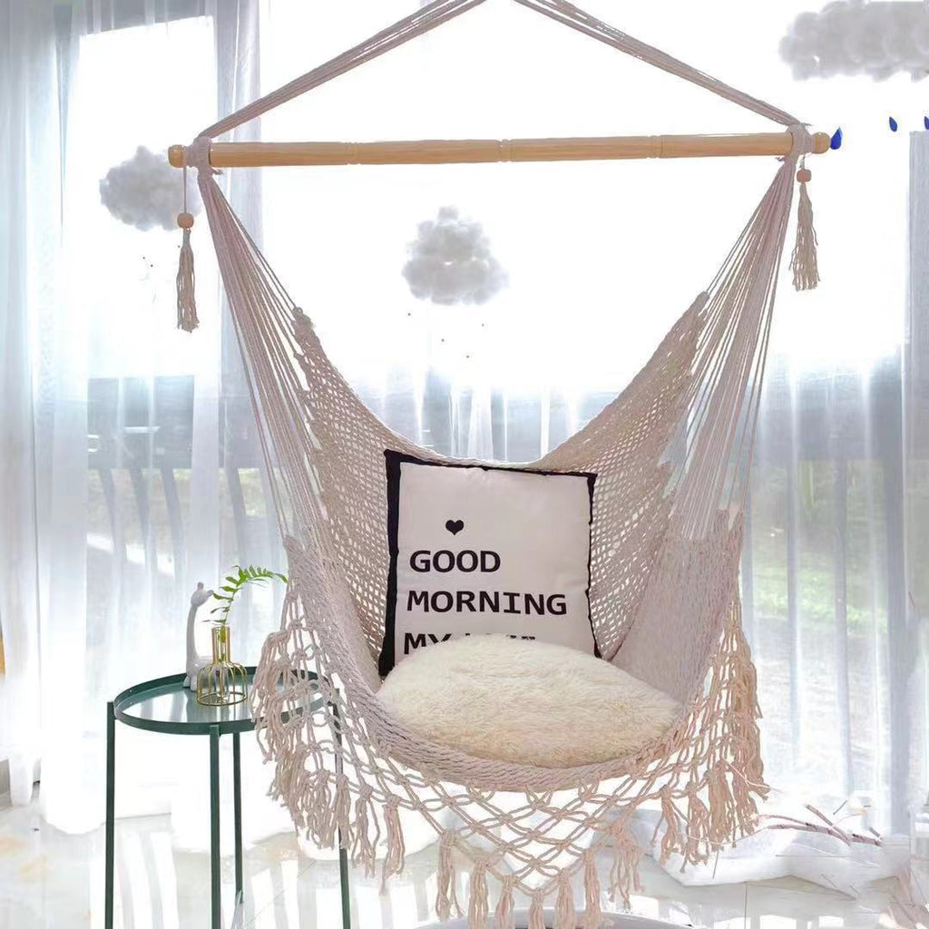 Outdoor Fringed Cotton Mesh Hammock With Netting Suspension