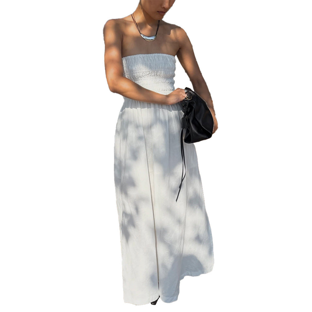 Women's Off-Shoulder Ruched Maxi Dress – High-Waist Vacation Style