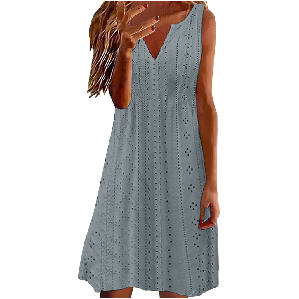 Womens Hollow-Out Jacquard V-Neck Loose Solid-Colored Dress