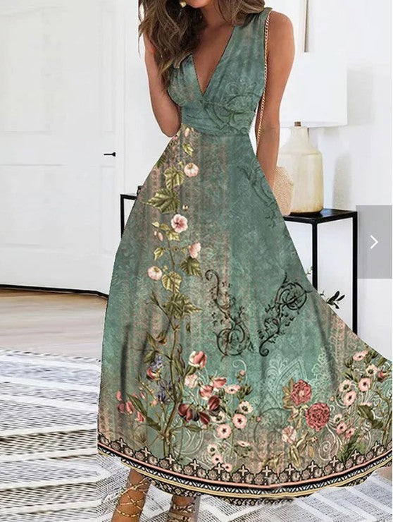 New Summer V-neck High-waisted Sleeveless Printed Sexy Vest Dress