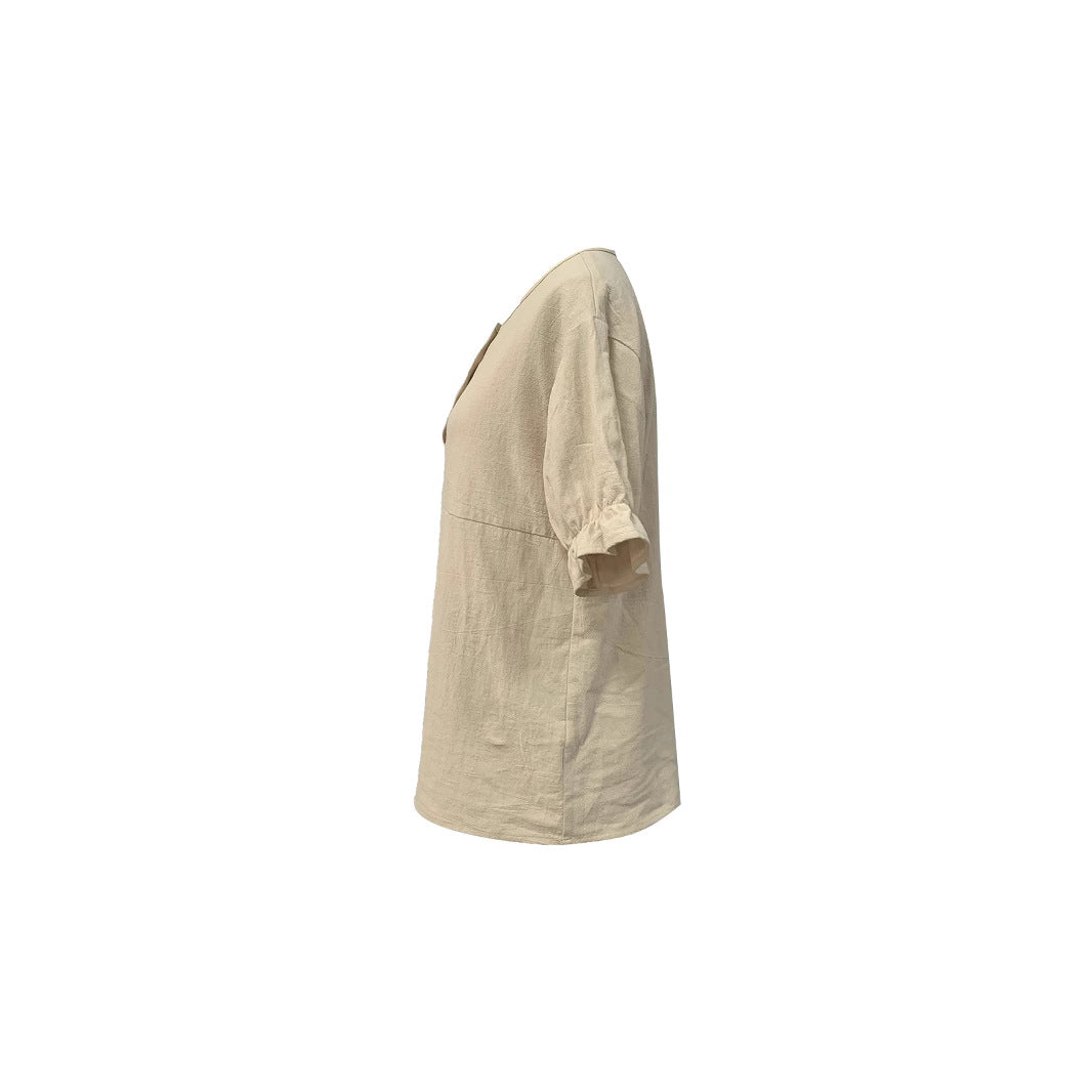 Loose-fit Autumn Cotton-linen Short-sleeve Shirt With A Round Neck And Buttons