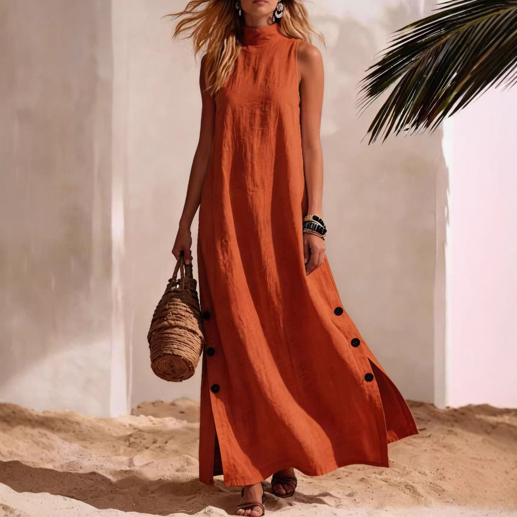 Women's Cotton-Linen Sleeveless Midi Dress – Side Slit