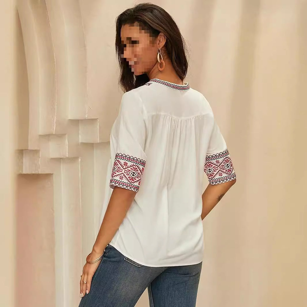 Loose-fitting V-neck Mid-sleeve Top In White