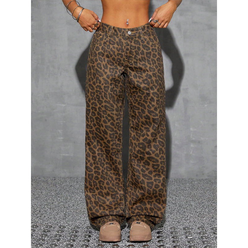 Retro Leopard Print High-waist Jeans