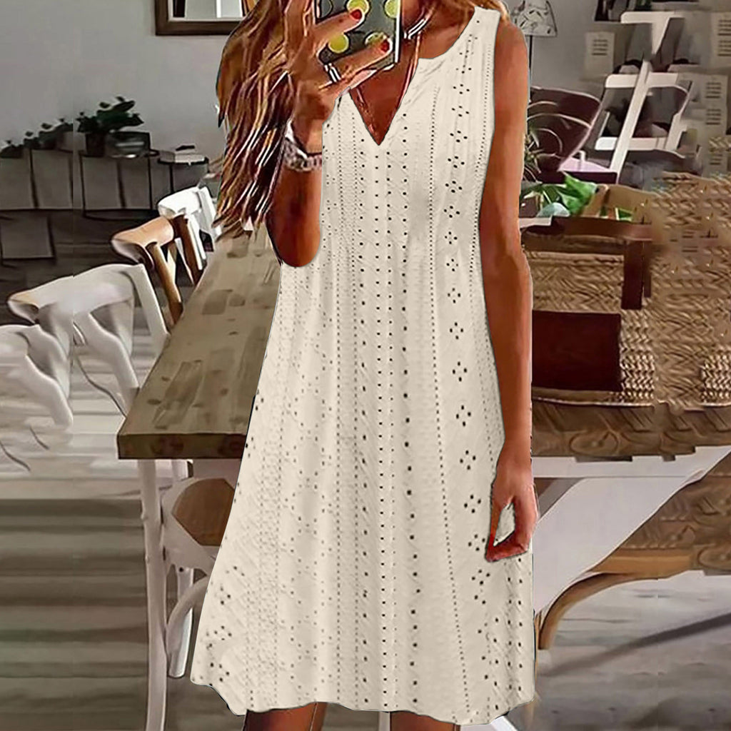Womens Hollow-Out Jacquard V-Neck Loose Solid-Colored Dress