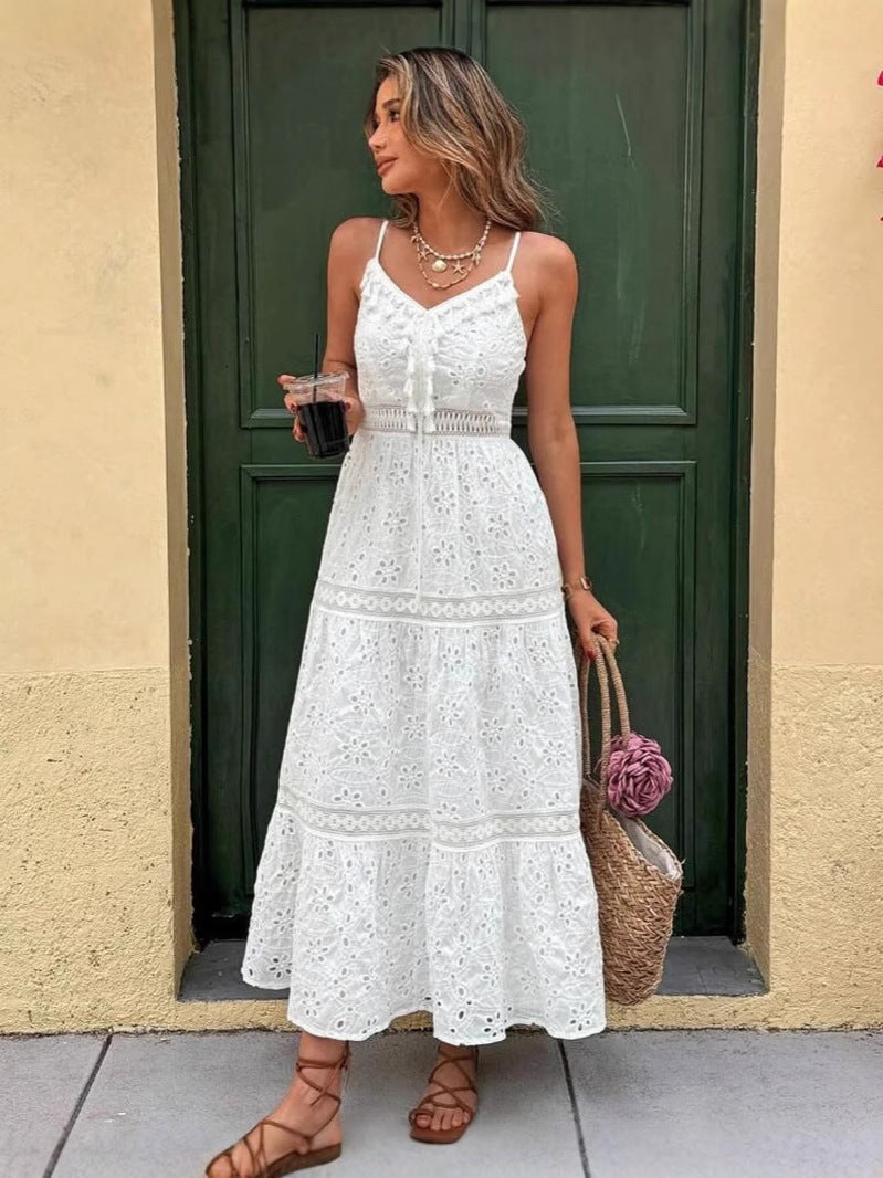 White V-collar Hollow Tassel Embroidered Dress