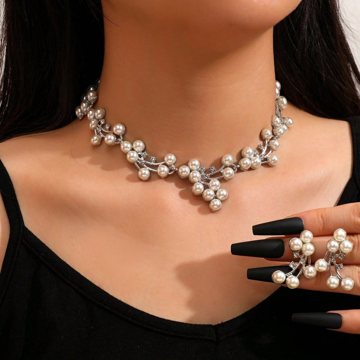 Pearl & Rhinestone Earring and Necklace Set
