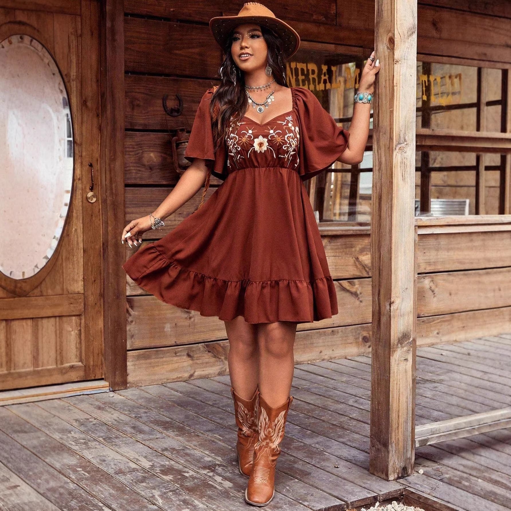Embroidered Square-Button Neckline Ruffle Short-Sleeve One-Piece Skirt