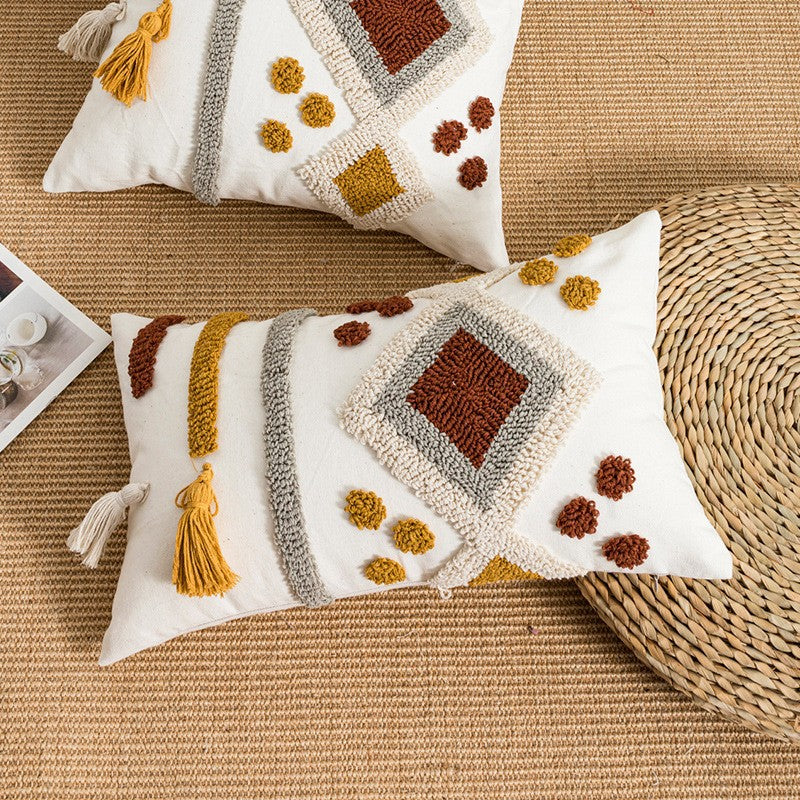 Bohemian-style Circular Velvet Embroidered Ethnic Tassel Throw Pillow Cover