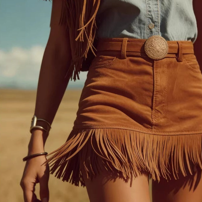 Western Boho Faux Suede Fringe Skirt