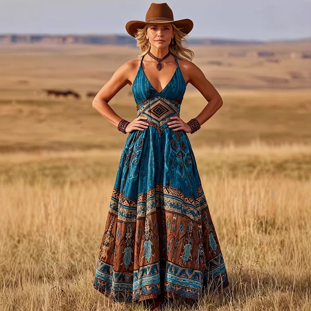 Fashionable Womens Sexy V-Neck Printed Bohemian Dress