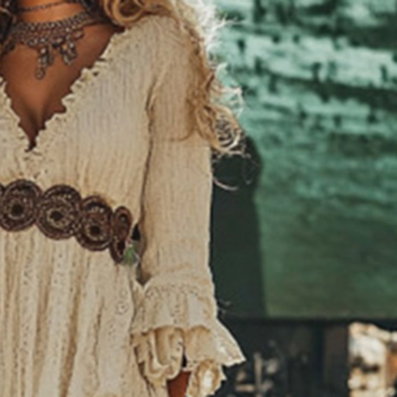 Women's Retro Lace Trim Midi Dress – Deep V-Neck Long Sleeve