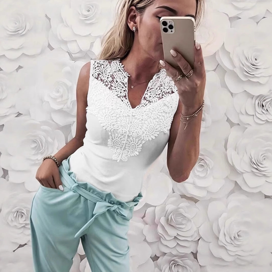 Women's Lace-Trim Sleeveless Top – V-Neck Pullover