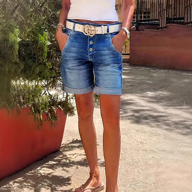 Womens High-Waist Denim Cropped Pants With Elastic Waist And Rolled Hem