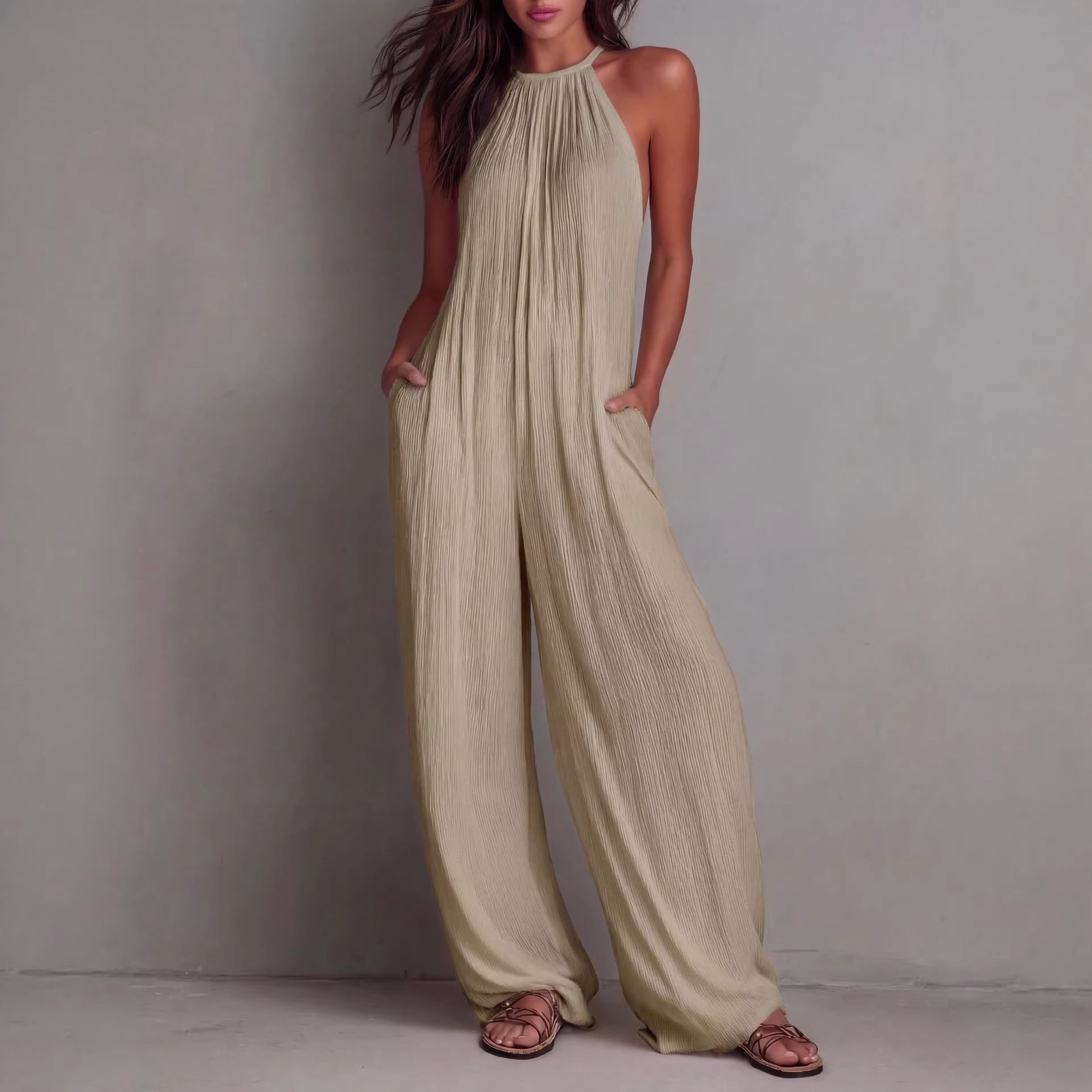Resort-style White Pleated Open-back Wide-leg Jumpsuit