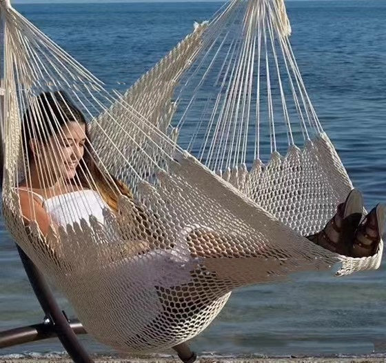 Outdoor Fringed Cotton Mesh Hammock With Netting Suspension
