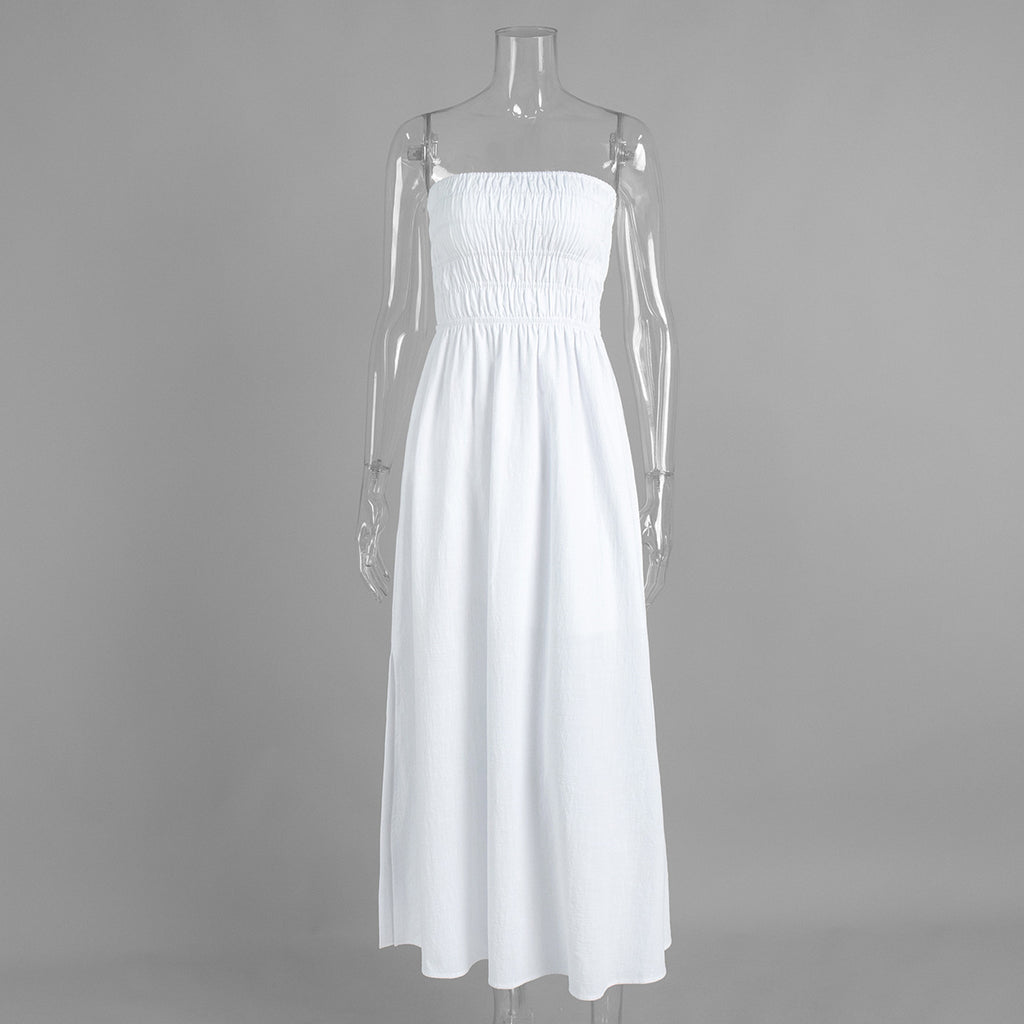Women's Off-Shoulder Ruched Maxi Dress – High-Waist Vacation Style