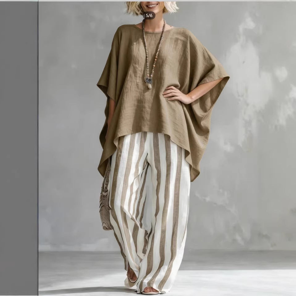 New Striped Batwing-Sleeve Loose Cotton-Linen Two-Piece Set