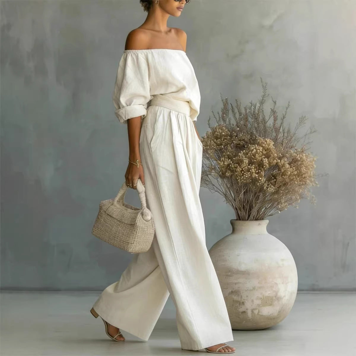 Women's Off-Shoulder Top & Wide-Leg Pants Two-Piece Set