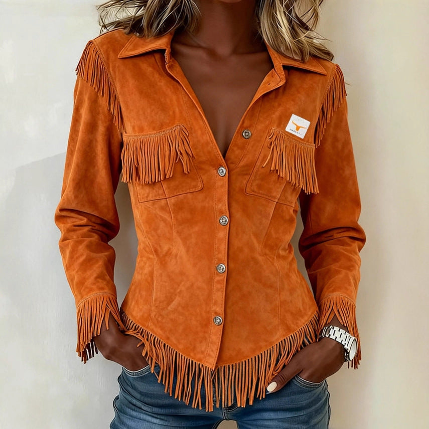Women's Suede-Velvet Tassel Cardigan – Long Sleeve Western Style