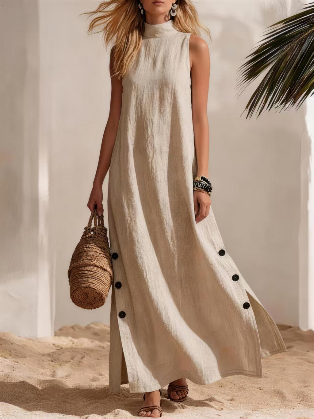 Women's Cotton-Linen Sleeveless Midi Dress – Side Slit