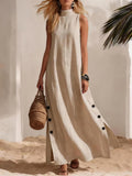 Women's Cotton-Linen Sleeveless Midi Dress – Side Slit