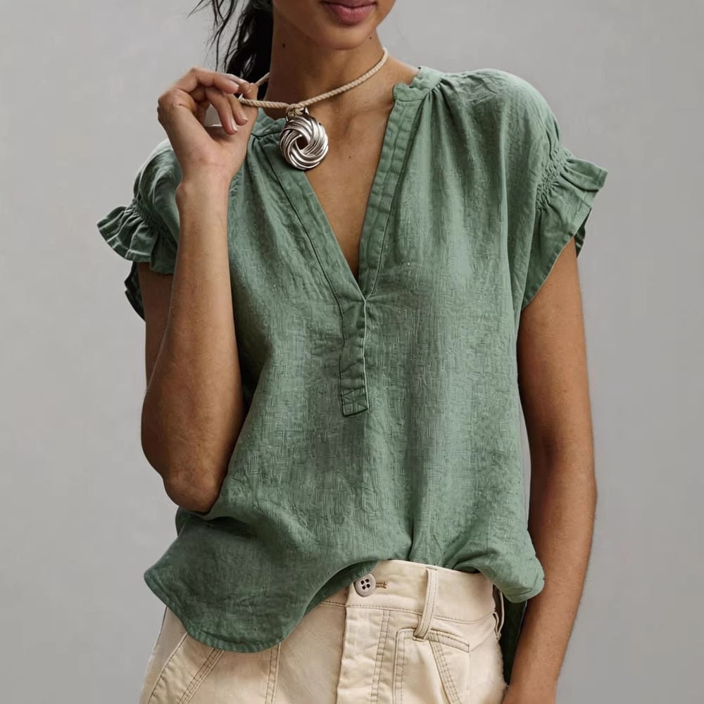 Women's Casual V-Neck Short-Sleeve Solid Color Cotton-Linen Top