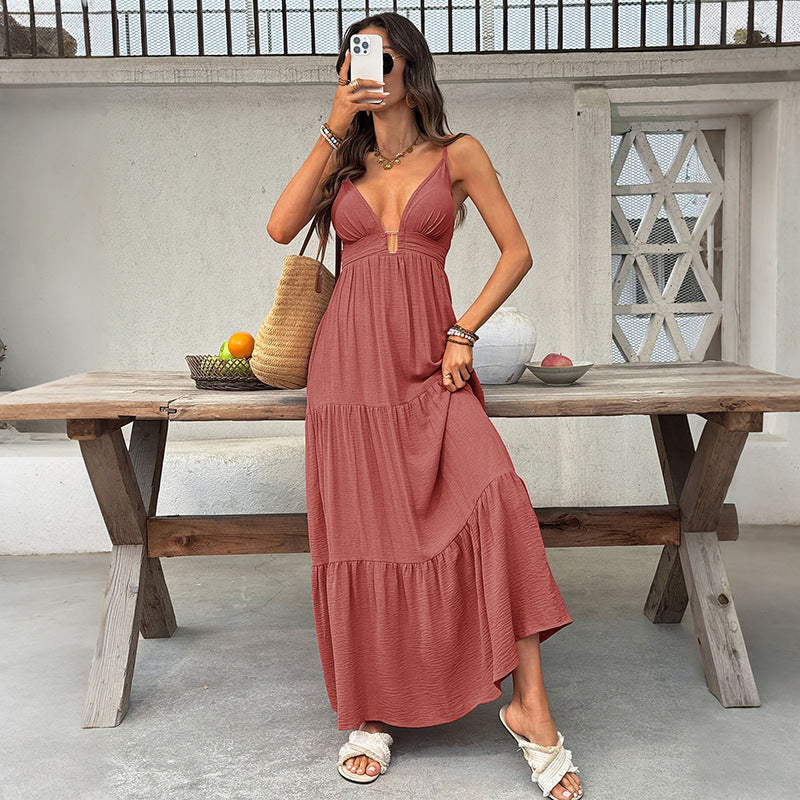 Women's Deep V-Neck Maxi Dress – Vacation Style