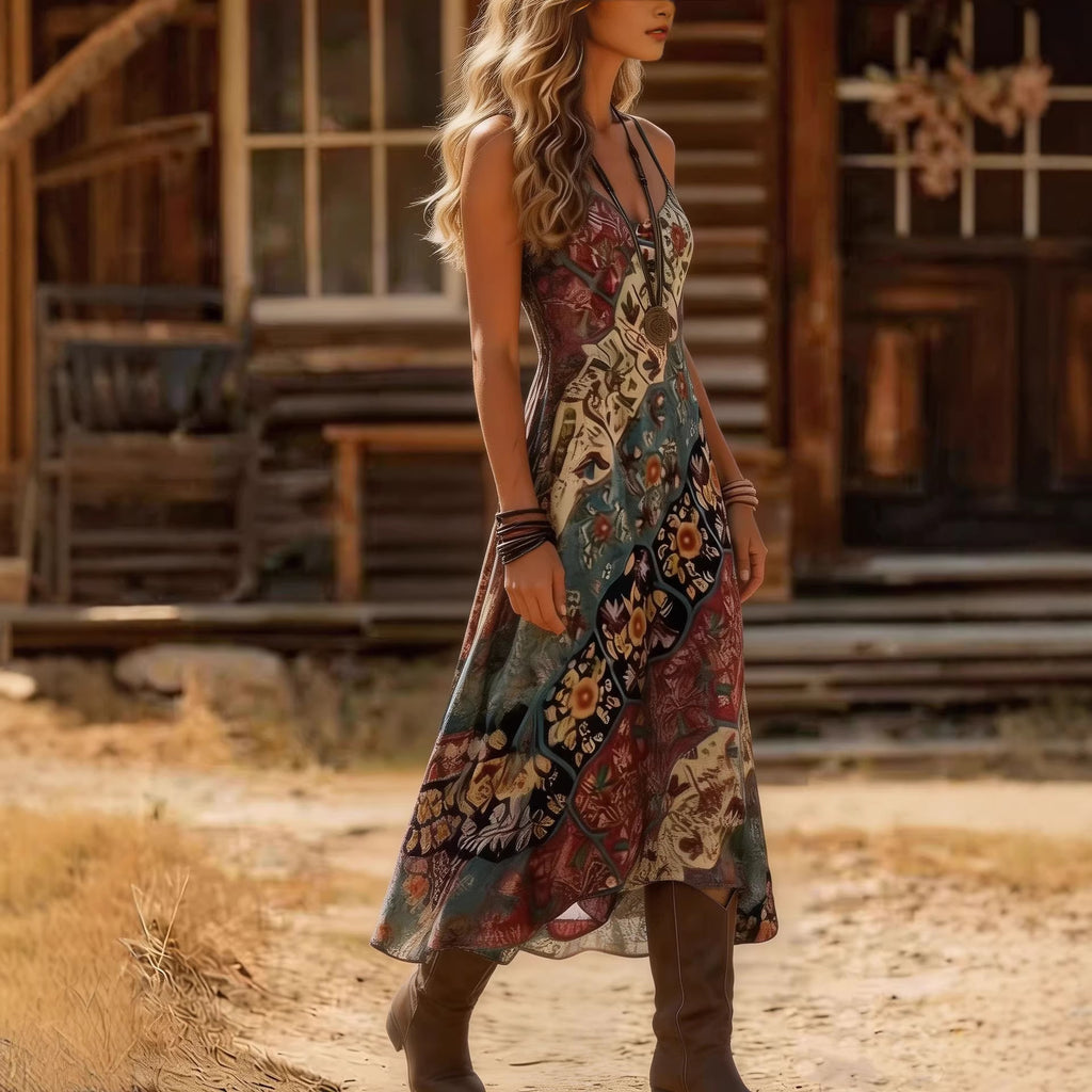 Women's Retro Bohemian Print Slip Dress – V-Neck