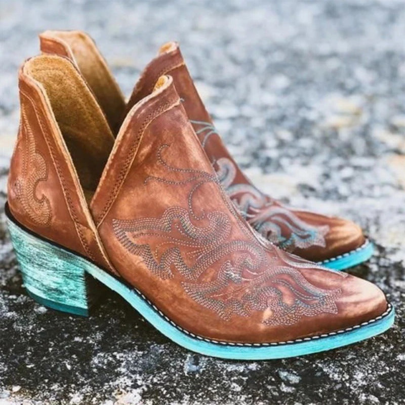Women's thick heel boots embroidered Martin boots