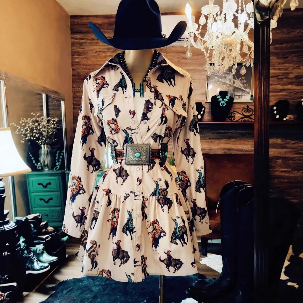Women's Western Cowboy Printed Long-Sleeve Dress
