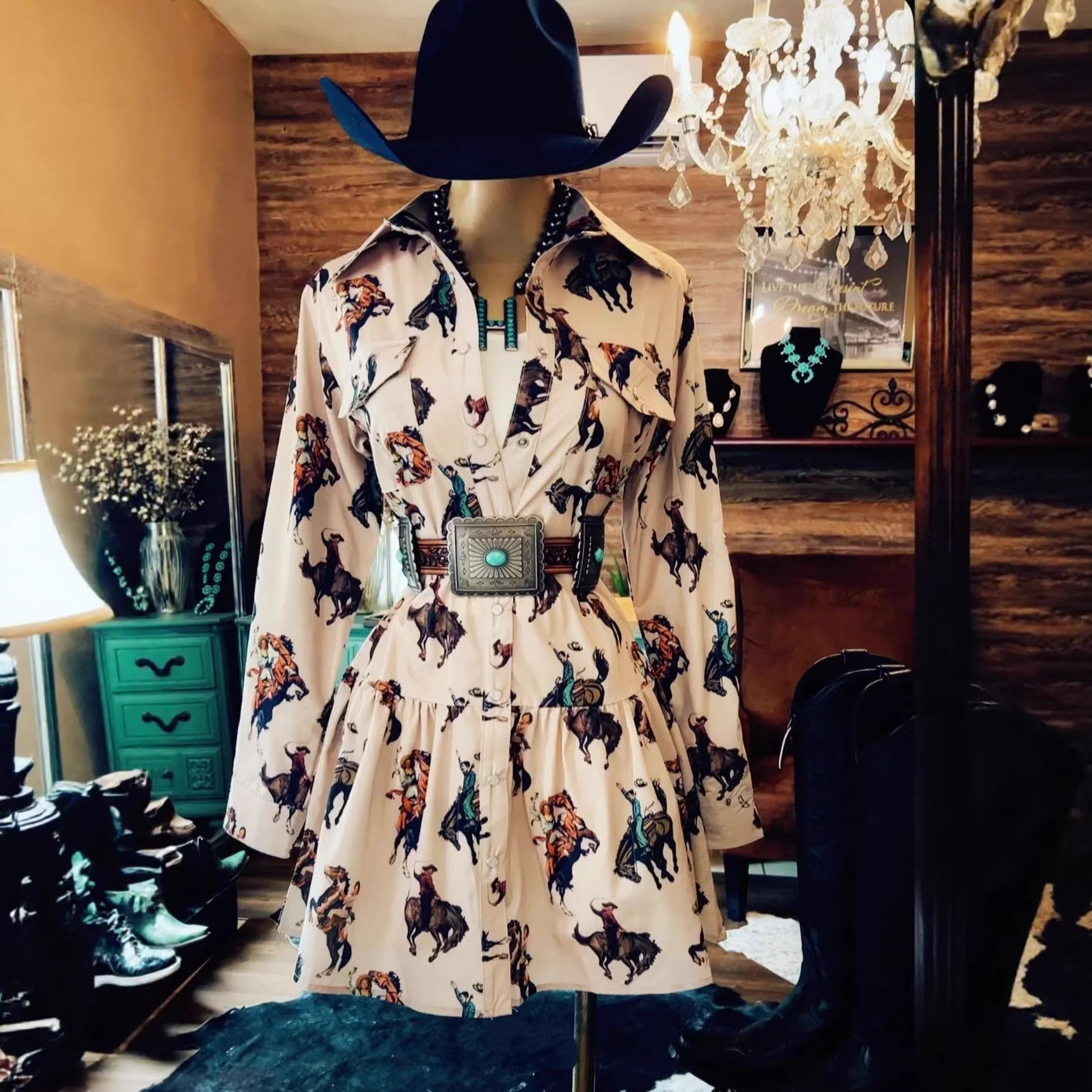 Women's Western Cowboy Printed Long-Sleeve Dress