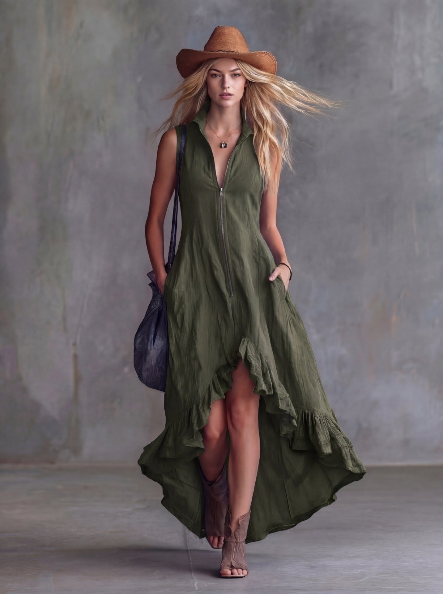 Casual Lapel Collar Front Zipper Ruffled Hem Dress