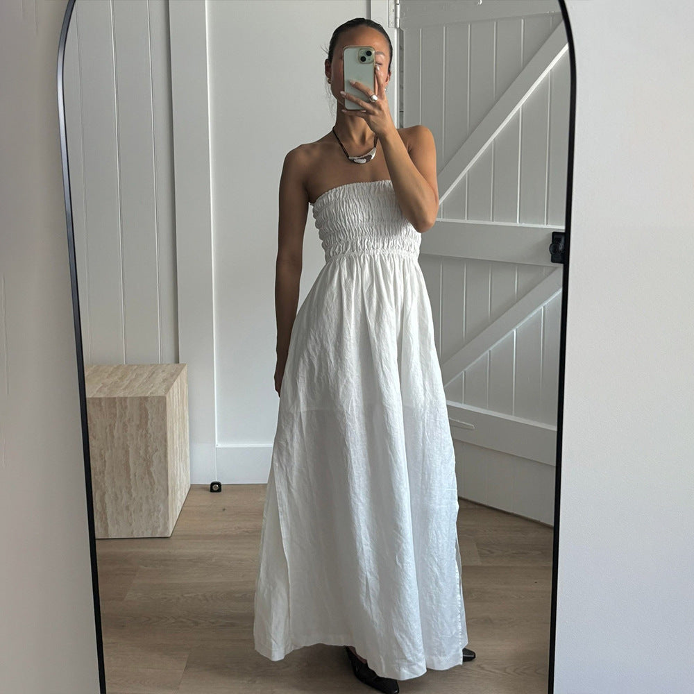 Women's Off-Shoulder Ruched Maxi Dress – High-Waist Vacation Style