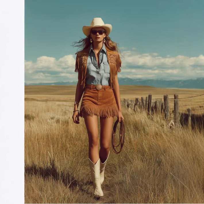 Western Boho Faux Suede Fringe Skirt