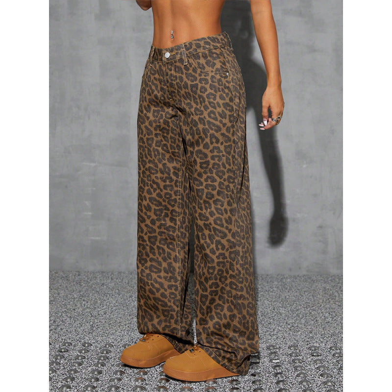 Retro Leopard Print High-waist Jeans