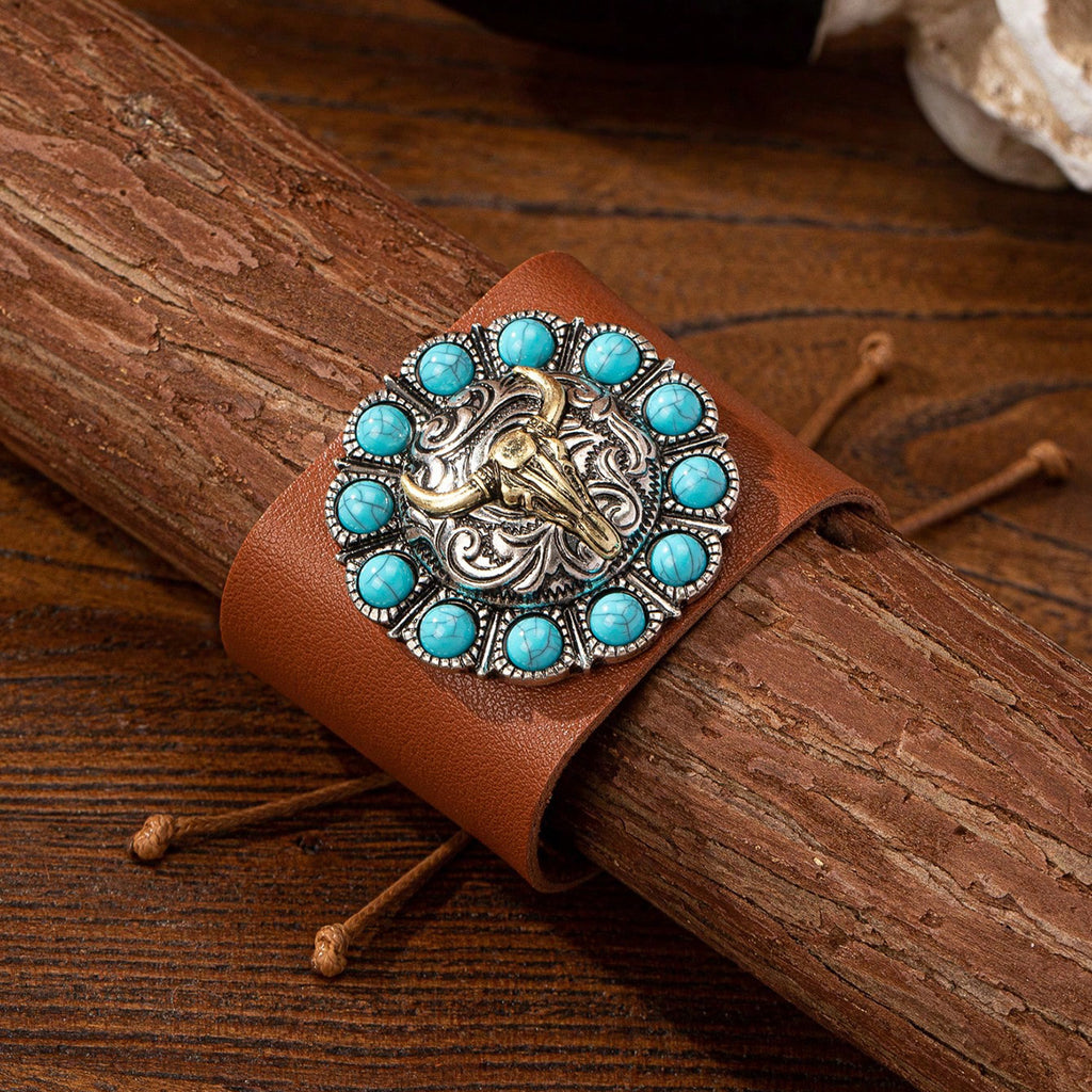 Vintage Western Denim Blue Turquoise Animal Leather Bracelet