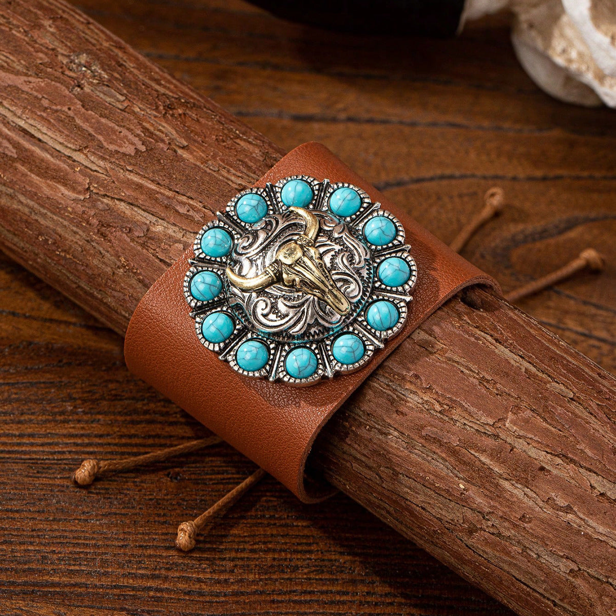 Vintage Western Denim Blue Turquoise Animal Leather Bracelet