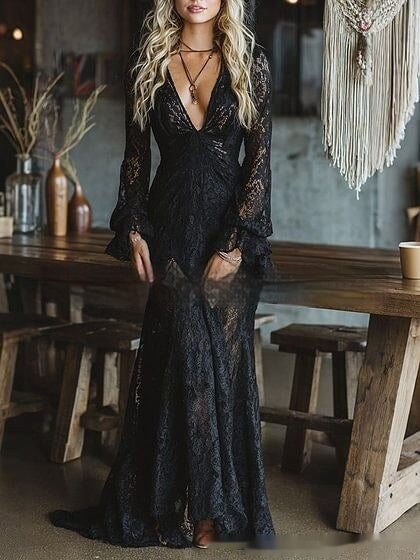 European Size Elegant V-neck High-waist Lace Trim Casual Long Sleeve Dress