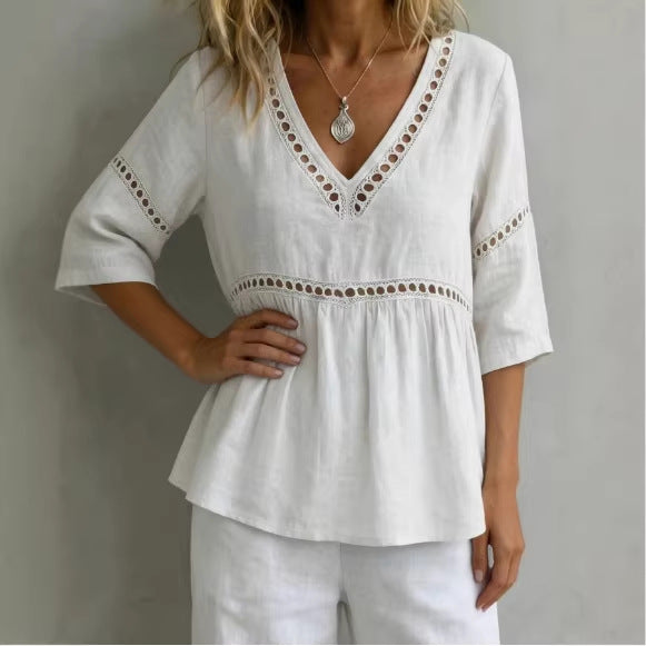 V-Neck Fringe Trim Top